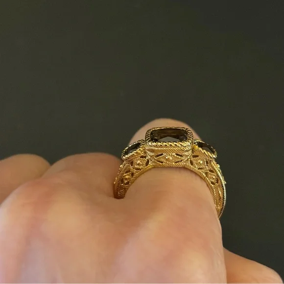 Judith Ripka Estate-Inspired 3 Stone Smoky Quartz Ring, 14K Gold-Clad, size 7
